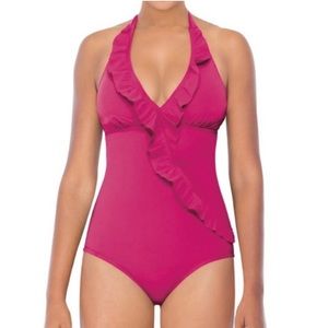Love Assets Spanx Fuscia hot pink Swimsuit ruffle sexy flattering bathing suit